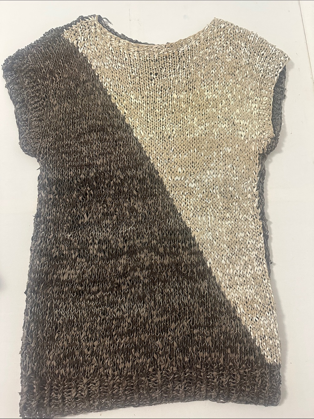 Colorblock Knit Women’s Sweater Top - Brown & Cream, Leather shirt crochet hand